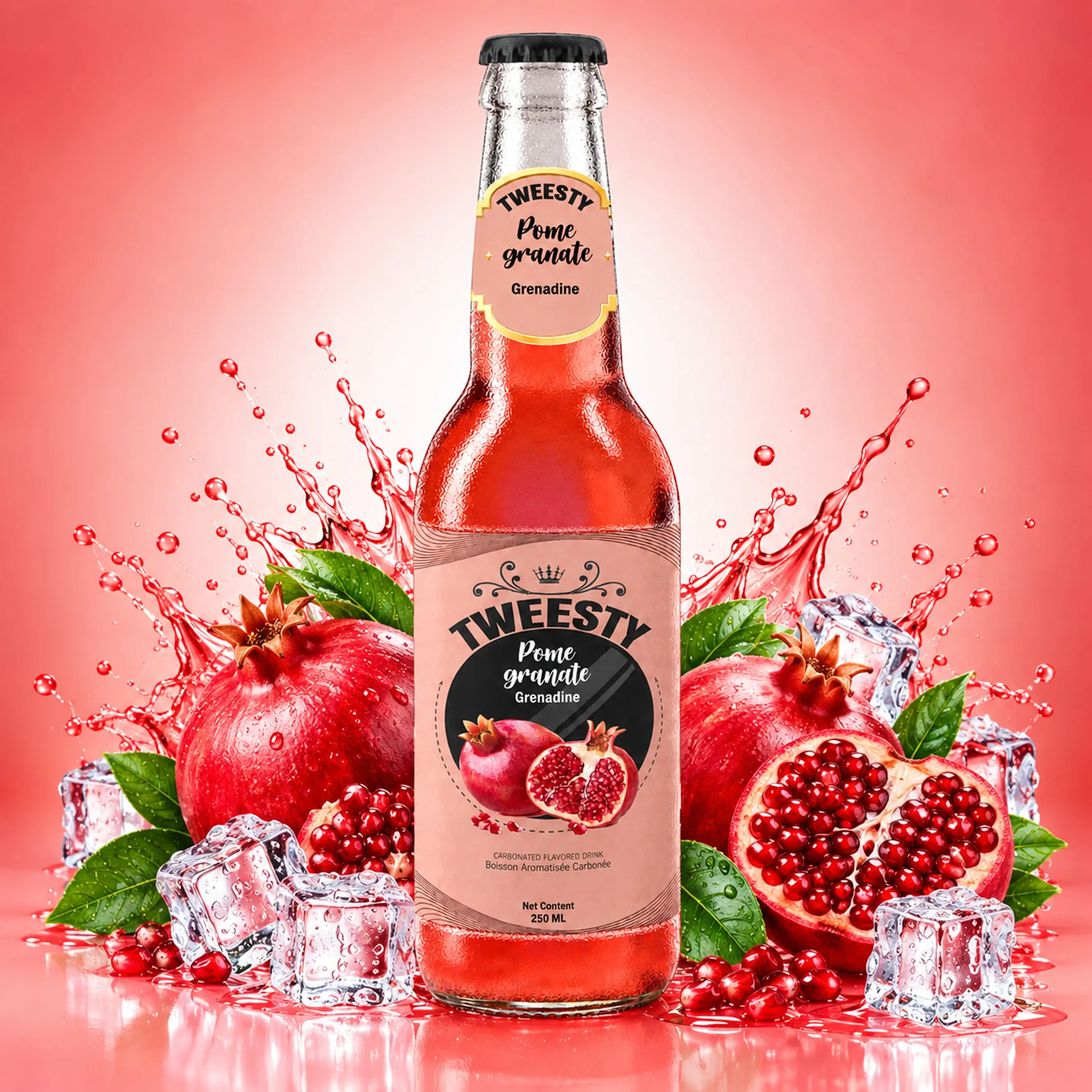 TWEESTY Pomegranate carbonated flavoured drink 250ml glass bottle with pomegranate, ice and splash